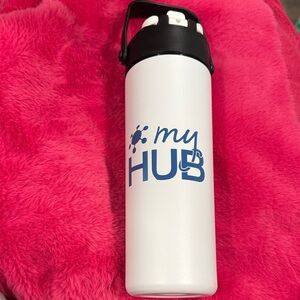 White Insulated Water Bottle with Black Lid and Insulated Travel Bag